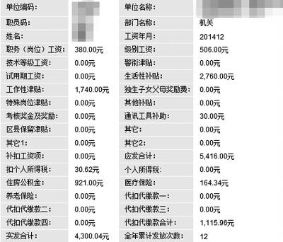 調(diào)整前，北京一個(gè)基層公務(wù)員2014年12月的工資薪金構(gòu)成。