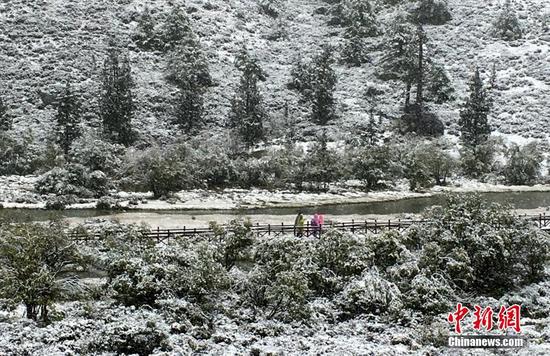 9月20日，受冷空氣影響，四川甘孜州稻城亞丁景區(qū)雪花飄舞，大霧彌漫，山峰披上白紗，銀裝素裹。正在景區(qū)內(nèi)游玩的海內(nèi)外游客紛紛用手機(jī)記錄雪景，并拍照留念。鐘欣 攝